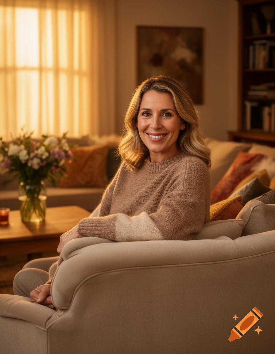 A smiling woman with blonde hair sits on a couch in a cozy living room, illuminated by warm sunlight.
