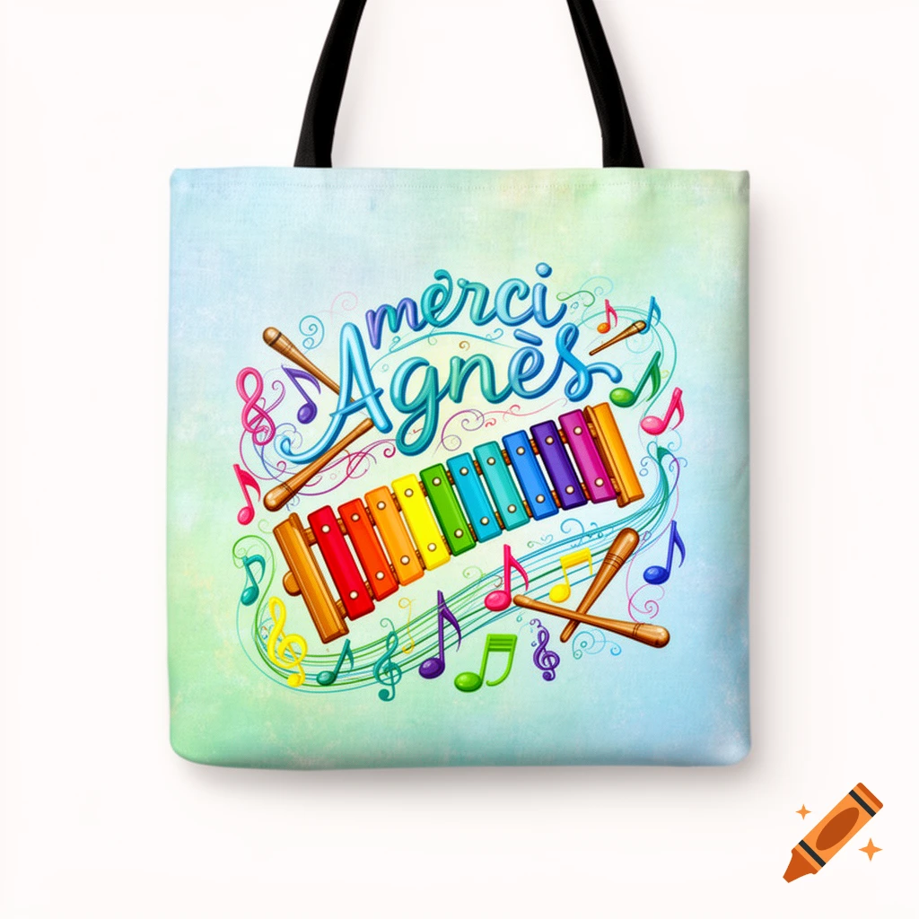 A colorful illustrated tote bag featuring "merci Agnès", a rainbow xylophone, and music notes.