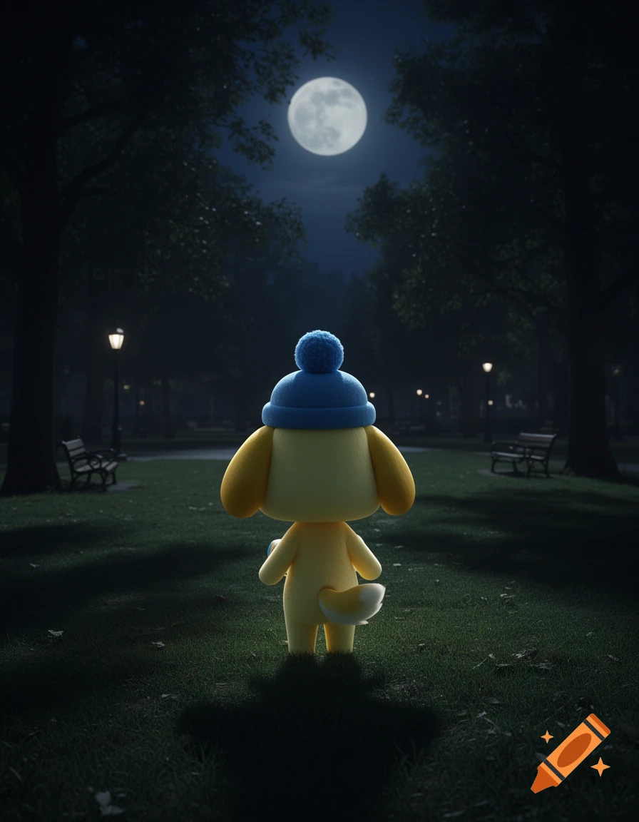 Isabelle from Animal Crossing, wearing a blue bobble hat, stands with her back to the viewer in a moonlit park at night.