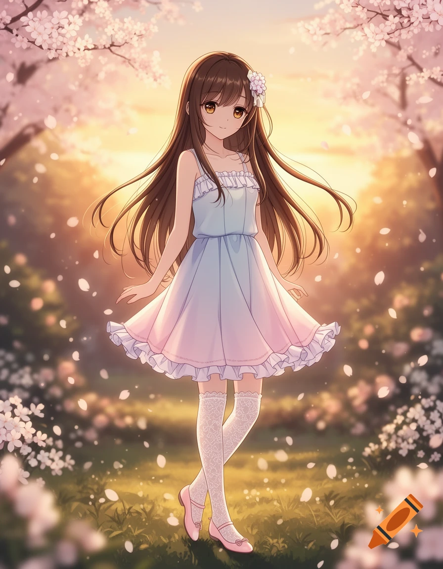 An anime girl with long brown hair, wearing a light blue and pink dress and white lace stockings, stands in a field of cherry blossoms.