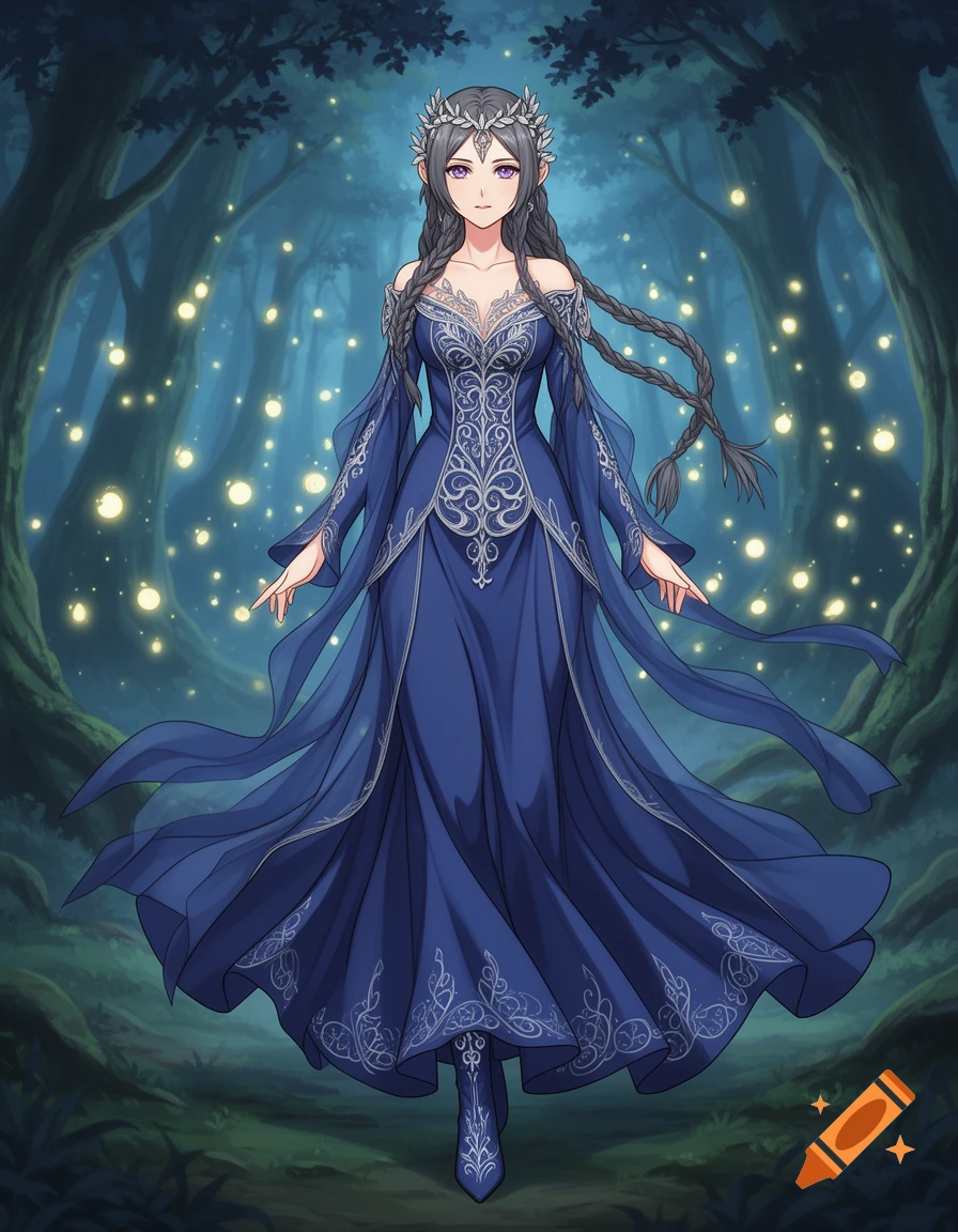 Anime woman with purple eyes and long dark braids, wearing an elaborate blue fantasy gown and a silver crown, in an enchanted forest.