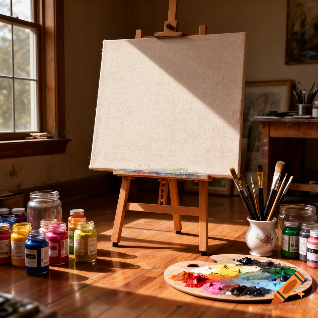 A sunlit artist studio with a blank canvas on an easel, colorful paints, brushes, and a palette on a wooden floor.