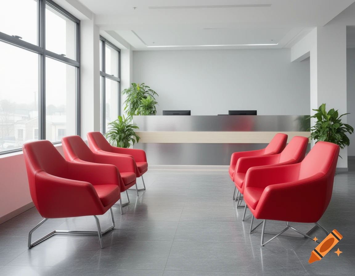 A modern office waiting room with red chairs, a reception desk, and large windows.