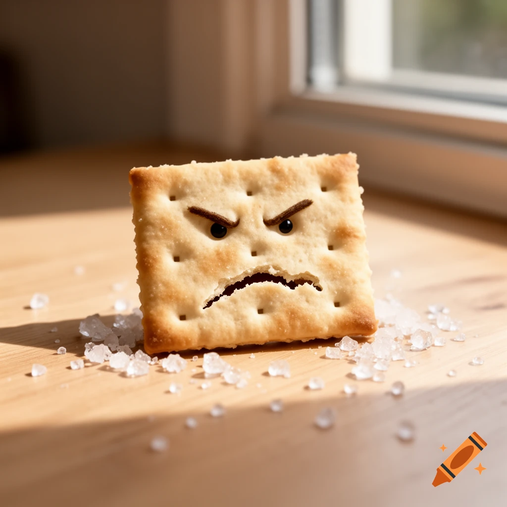 A close-up, photorealistic image of an angry saltine cracker with black eyes, brown eyebrows, and a jagged mouth, surrounded by coarse salt crystals on a wooden surface.