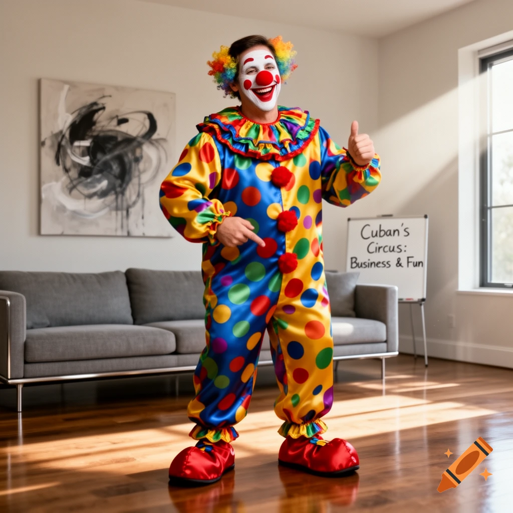 A smiling man in a vibrant clown suit with a red nose and rainbow wig gives a thumbs up in a living room.