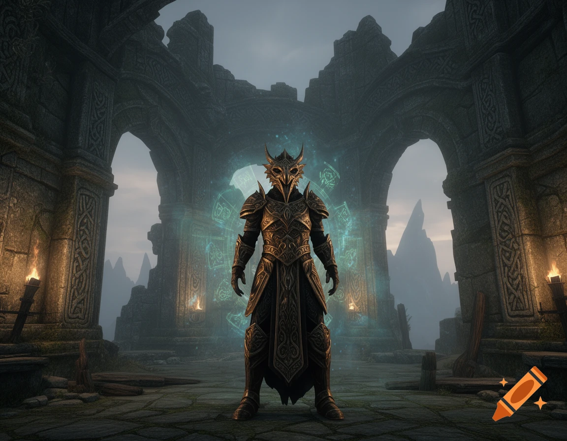 A photorealistic image of a dark armored figure with a dragon-like mask, standing in ancient stone ruins with glowing blue magic.
