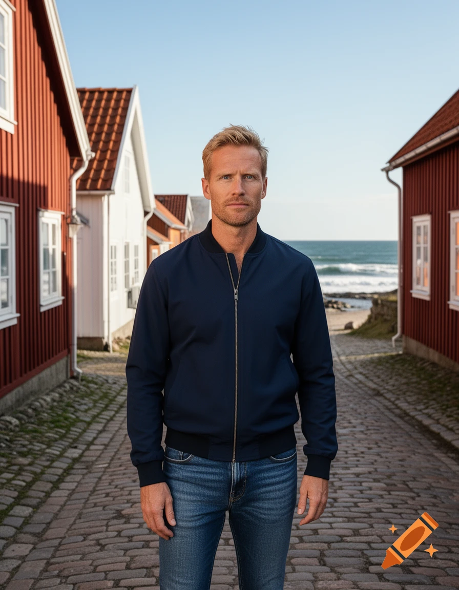 A man in a navy bomber jacket and jeans stands on a cobblestone street with red houses and the sea in the background.