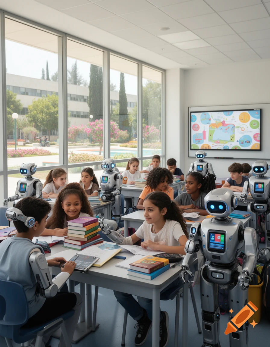 Children learn in a modern classroom, each with a personal robot assistant. Sunlight streams through large windows overlooking a green campus.
