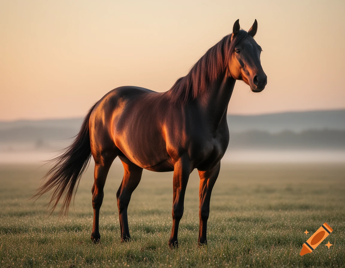 A photorealistic dark brown horse standing in a grassy field at sunrise, with a misty background.