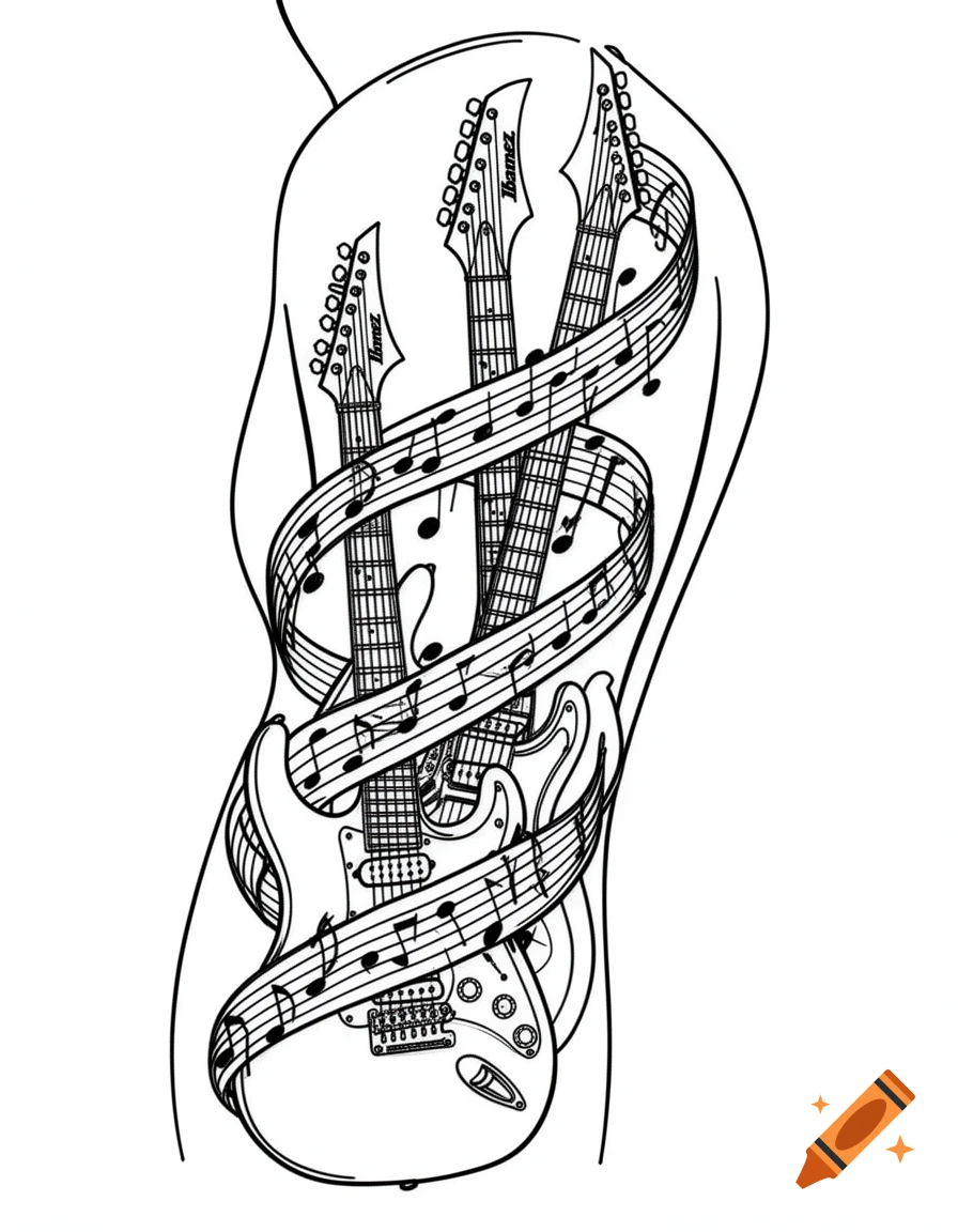 Black and white line art tattoo stencil featuring three Ibanez-style electric guitars intertwined with sheet music, wrapping around an arm.