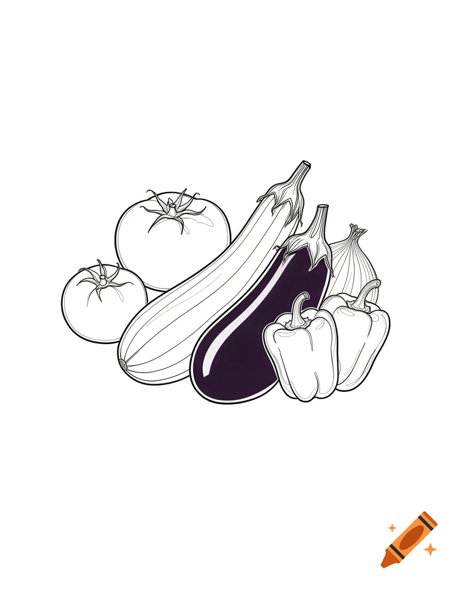 Line art illustration of various ratatouille vegetables, including tomatoes, eggplants, onions, and bell peppers, on a white background.