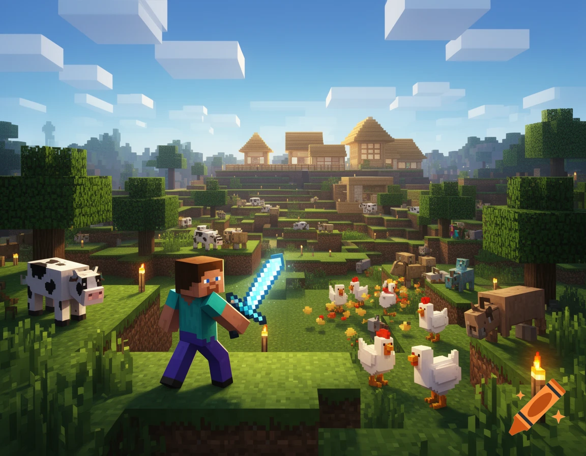 Minecraft character Steve holds a diamond sword in a blocky landscape with a village, trees, cows, and chickens under a blue sky.