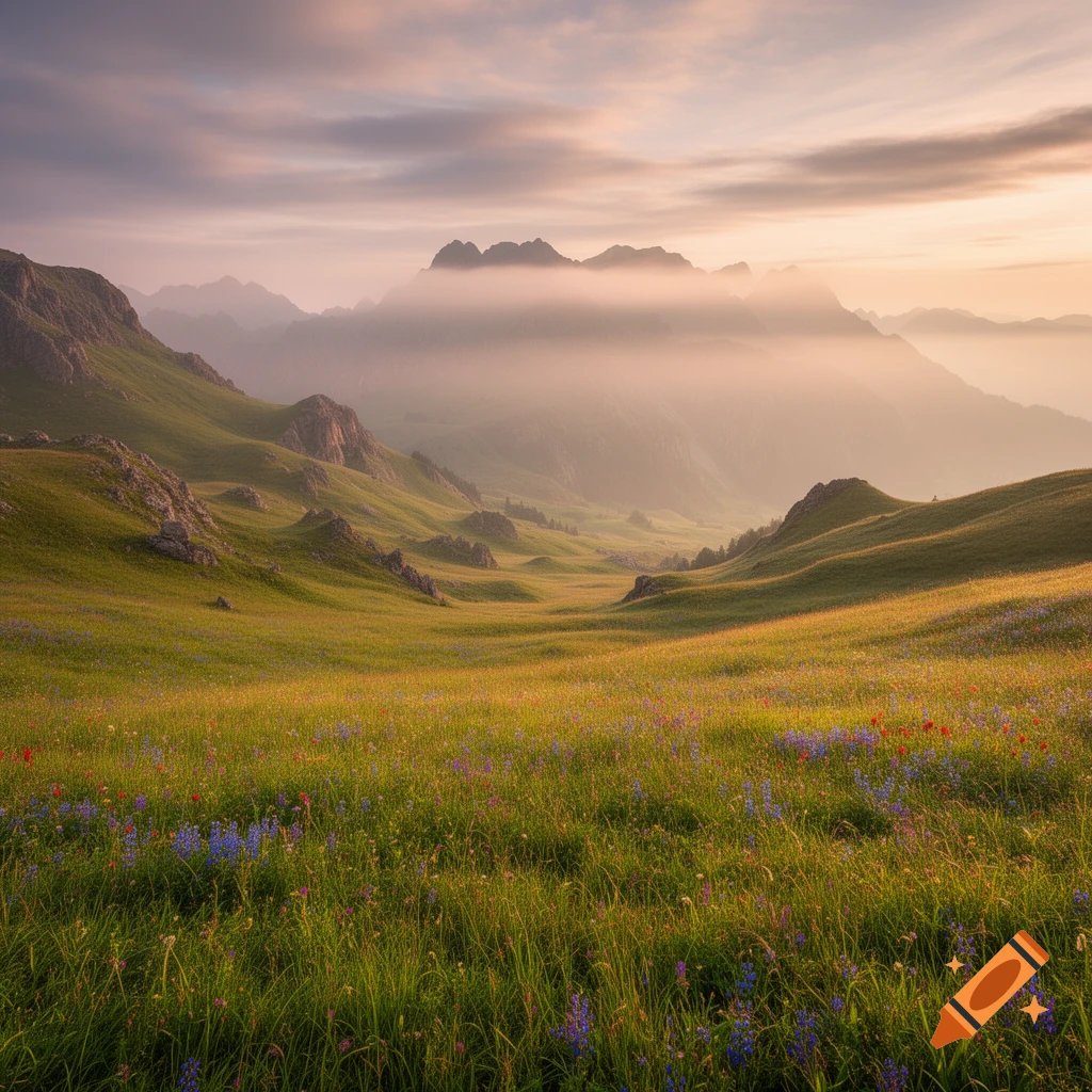 A vast, lush green valley filled with wildflowers under a soft, misty sky, with towering mountains in the background.