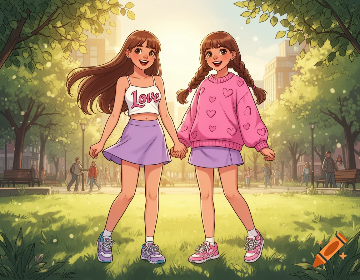 Two cheerful brown-haired cartoon girls hold hands in a sunny park. One wears a 'Love' crop top, the other a pink heart sweater.