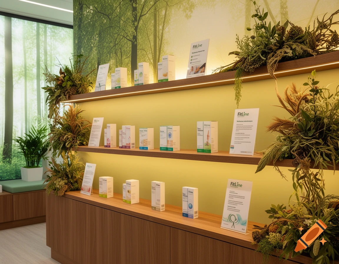 Shelves displaying FitLine products and green plants in a bright, natural-toned practice room with a forest wall mural.