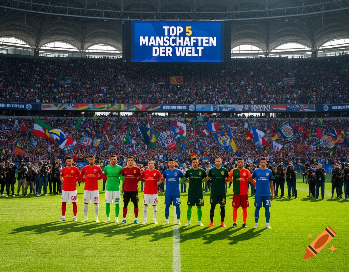 A photorealistic image of football players lined up on a green field in a packed stadium with a large screen displaying "TOP 5 MANNSCHAFTEN DER WELT".
