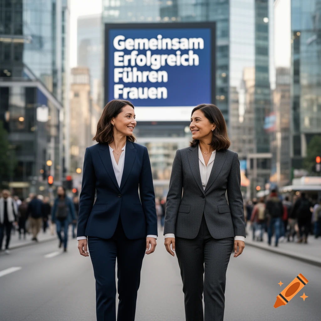 Two professional women in business suits walk and smile while looking at each other in a modern city with a large billboard in the background.