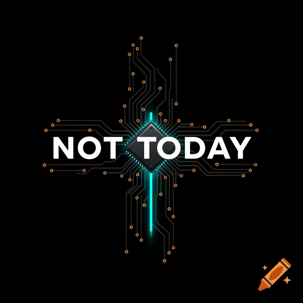 Vector art of a circuit board forming a cross, with a central glowing chip. White text 'NOT TODAY' is integrated into the circuit, against a black background.