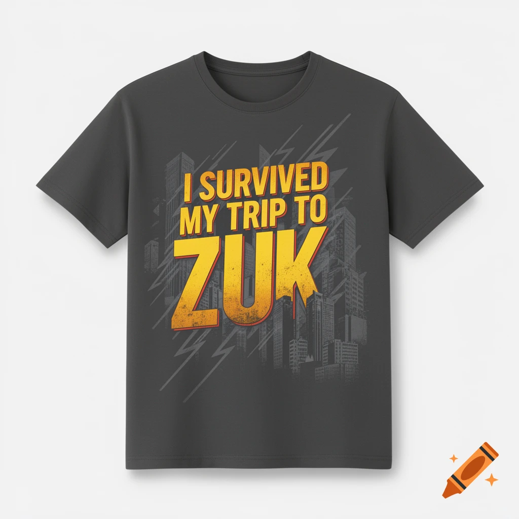 Dark grey t-shirt featuring 'I SURVIVED MY TRIP TO ZUK' text in yellow and orange over a city silhouette graphic.
