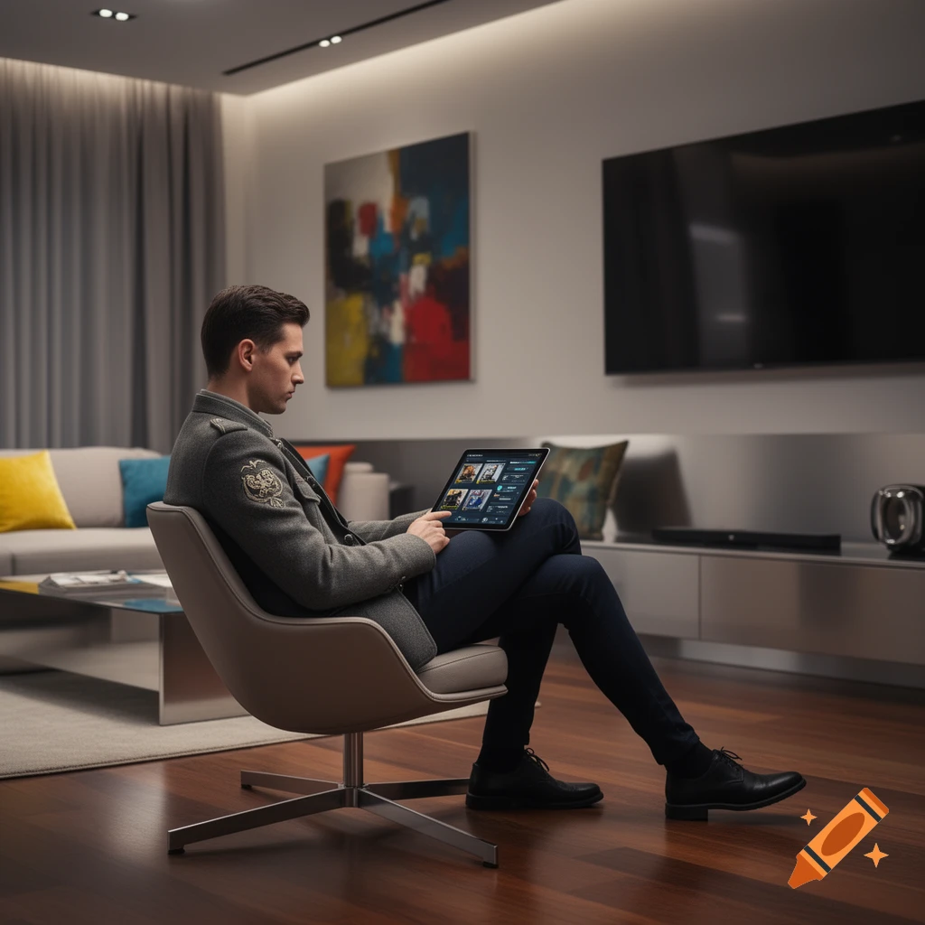 A man in a modern living room sits in a beige chair, browsing content on a tablet. Photorealistic style.