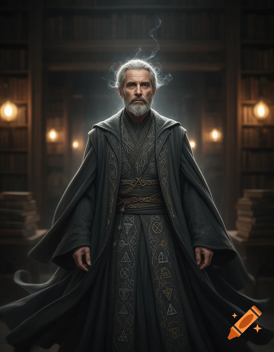 A photorealistic portrait of an old wizard with a white beard, wearing long dark robes with intricate patterns, standing in a dim library.