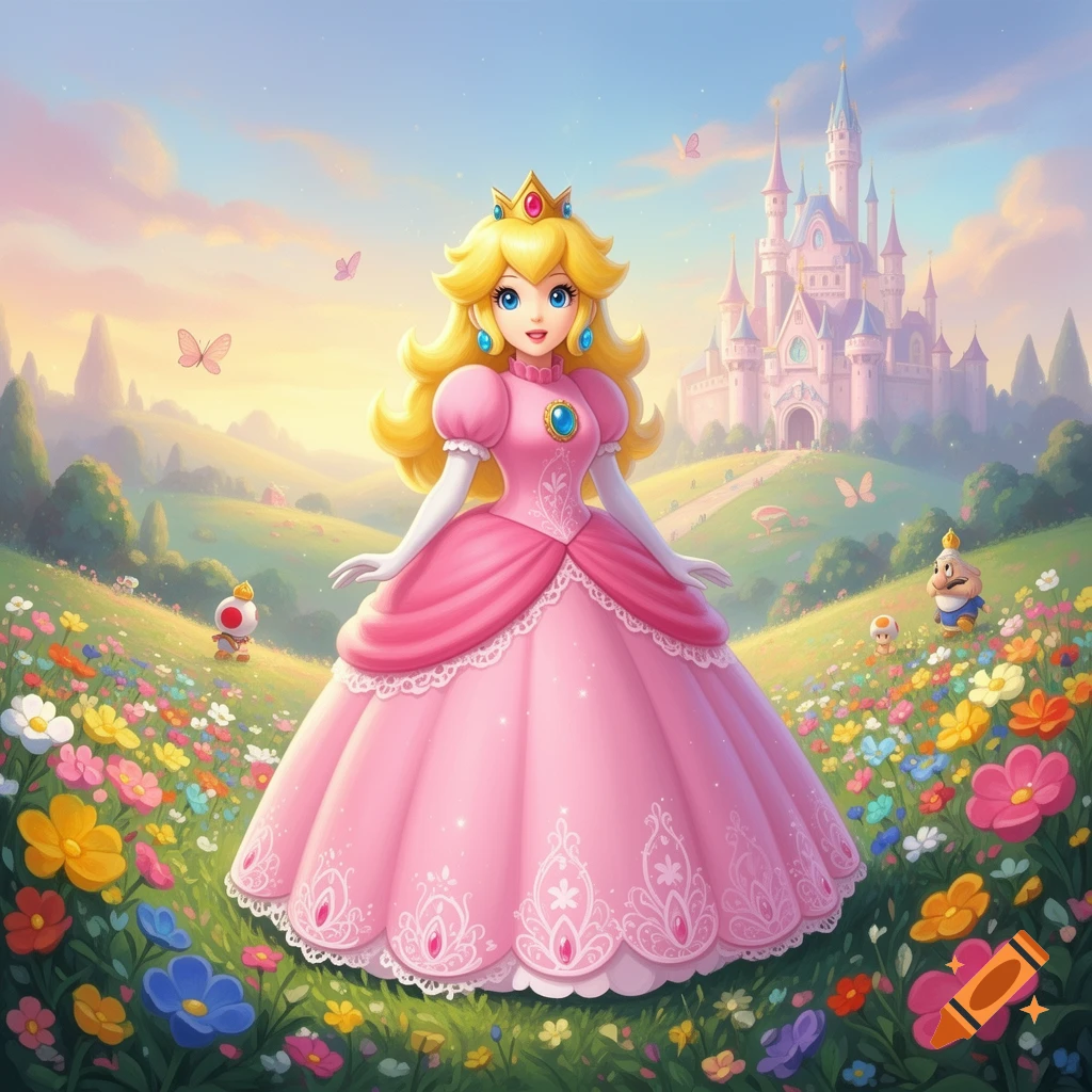 Princess Peach stands in a vibrant flower field before a pink castle under a sunny sky in video game art style.