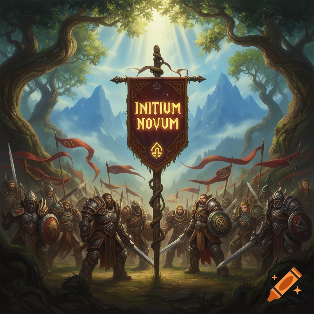 Armored fantasy warriors stand beneath a banner reading 'INITIUM NOVUM' in a forest clearing, mountains in background.