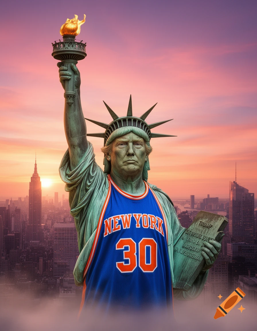 Photorealistic image of the Statue of Liberty with Donald Trump's face, wearing a blue New York Knicks jersey with "NEW YORK" and "30" on it, holding a torch and a tablet, against a sunset cityscape.