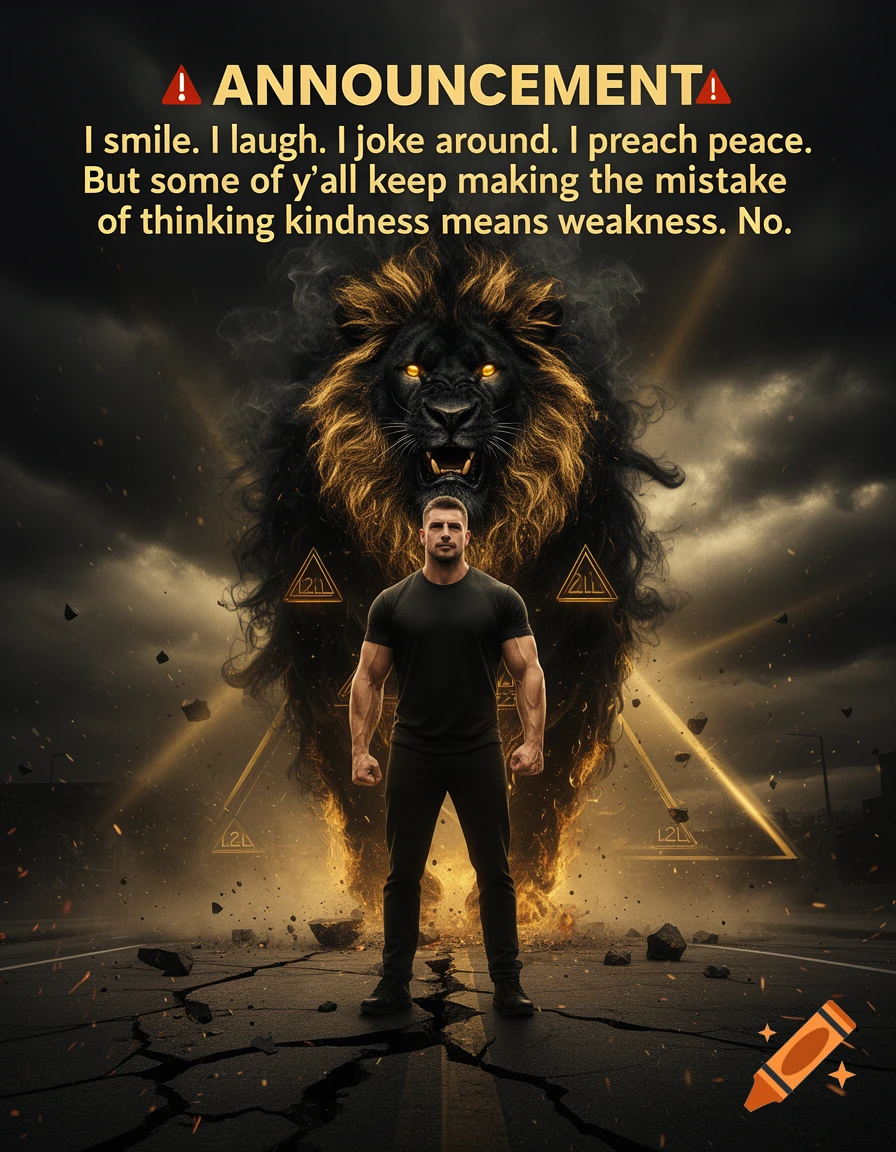 A muscular man in a black shirt stands on a cracked road, a gigantic roaring black lion with a golden mane and glowing eyes towers behind him amidst fire, smoke, and storm clouds.