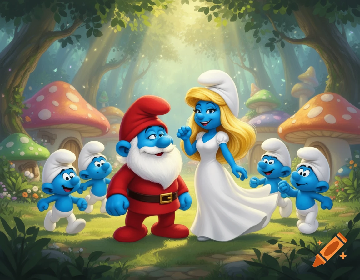 Papa Smurf, Smurfette in a white dress, and four Smurfs walk through an enchanted forest with mushroom houses.