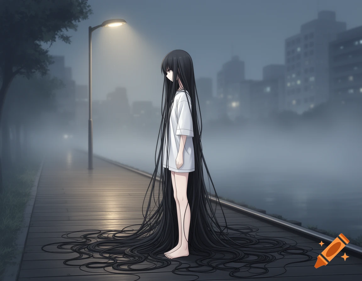 An anime girl with extremely long black hair in a white t-shirt stands barefoot on a foggy wooden path by a river, city lights in background.