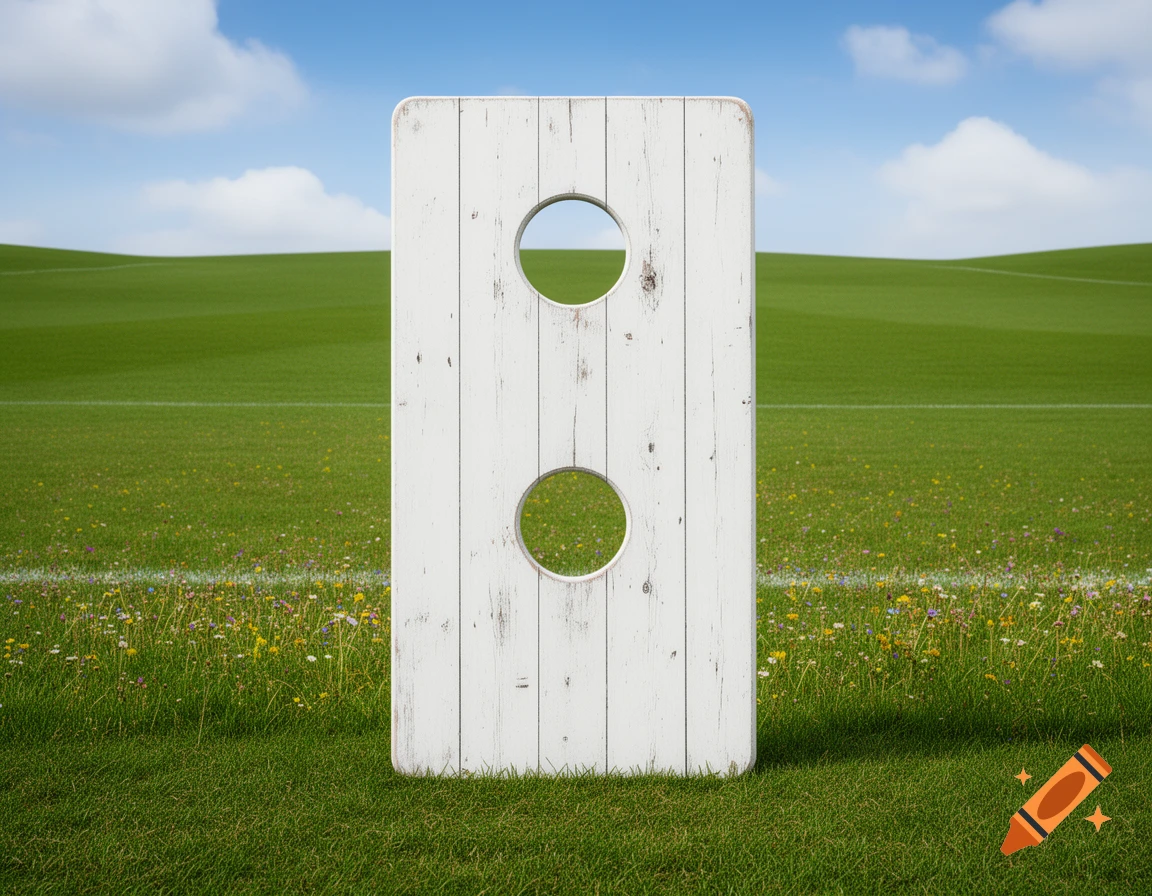 A white wooden board with two circular holes stands upright in a green grassy field under a blue sky, resembling a soccer target wall.