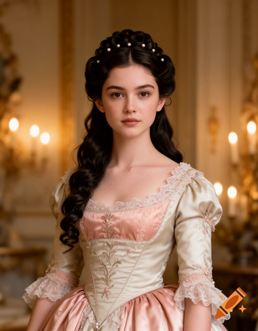 A young woman with dark hair in an elegant Regency gown with pearls, standing in a candlelit aristocratic interior.