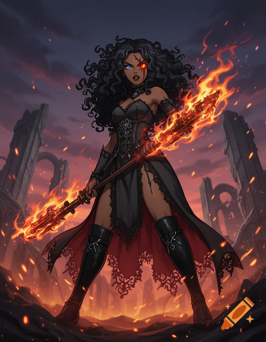 Fantasy illustration of a dark-skinned woman with curly hair, mismatched eyes, a scar, and gothic attire, wielding a flaming staff amidst fiery ruins.