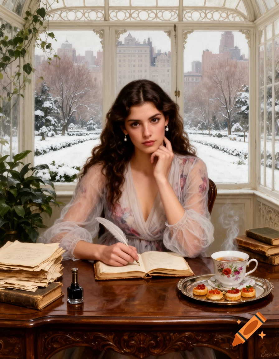 A vintage style painting of a woman with long dark hair, in a sheer dress, writing with a quill pen at a wooden desk in a conservatory overlooking a snowy cityscape.