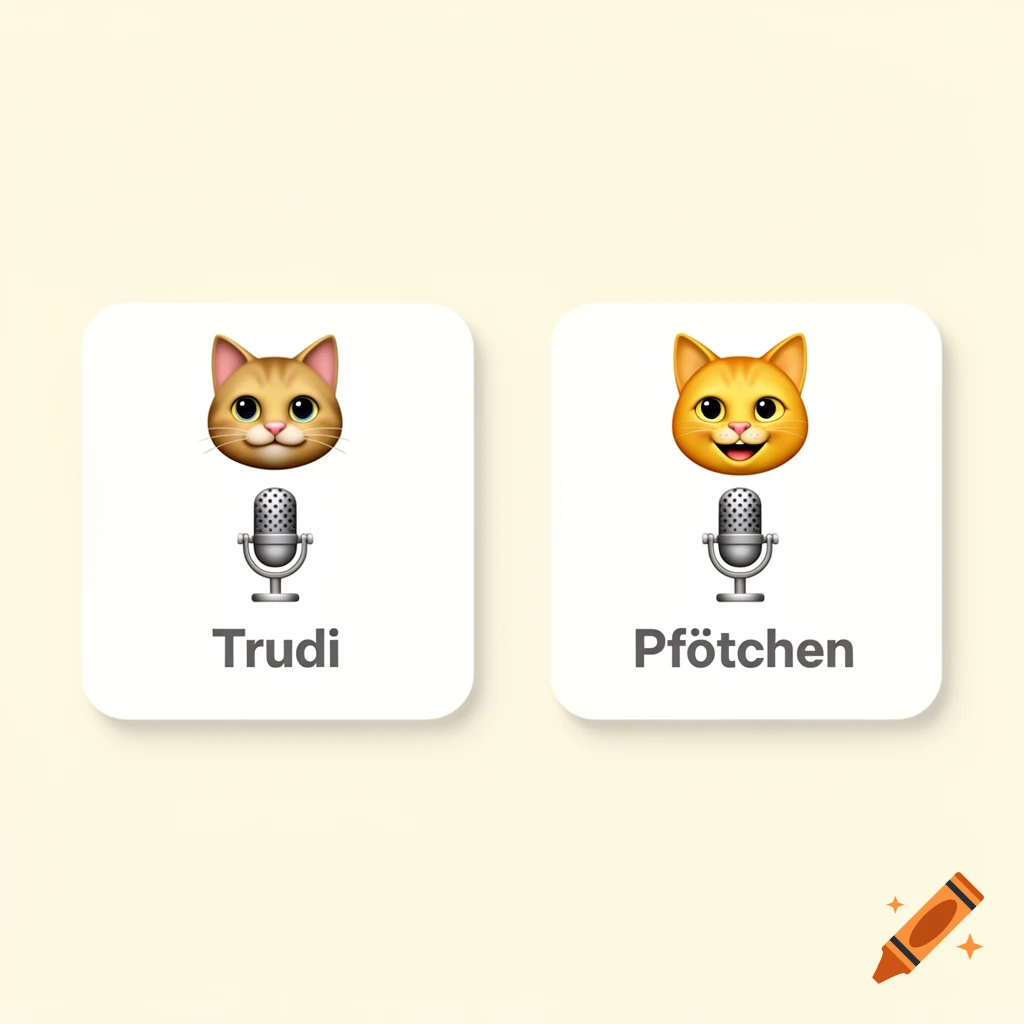 Two app-style icons, each with a cat emoji and a microphone emoji, labeled 'Trudi' and 'Pfötchen'.