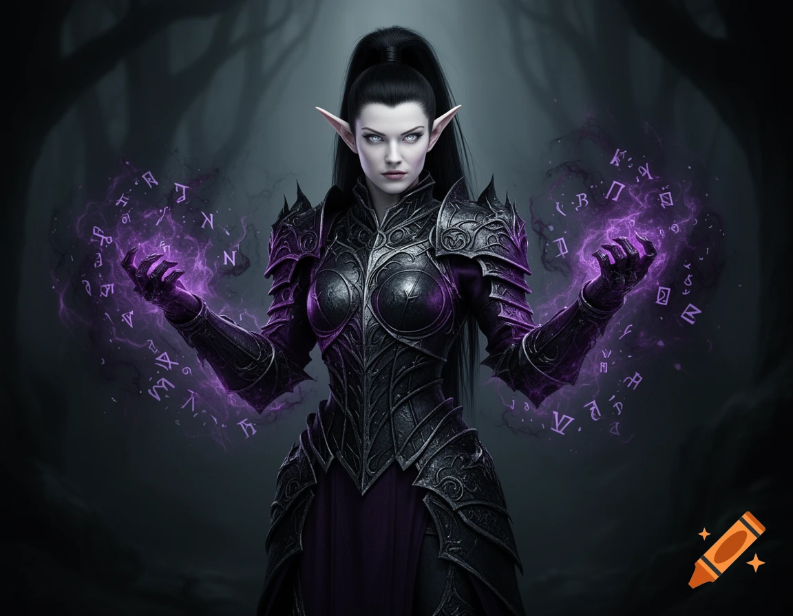 A dark elven sorceress in gothic plate armor with silver eyes casting purple magic runes in a shadowy forest, cinematic.
