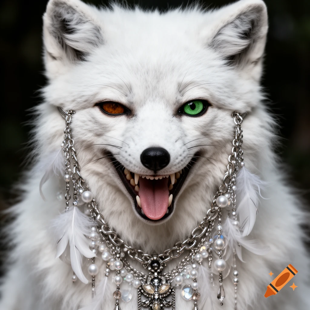 Close-up of a white arctic fox with one green and one orange eye, baring its teeth and tongue, adorned with elaborate silver chains, pearls, and feathers.