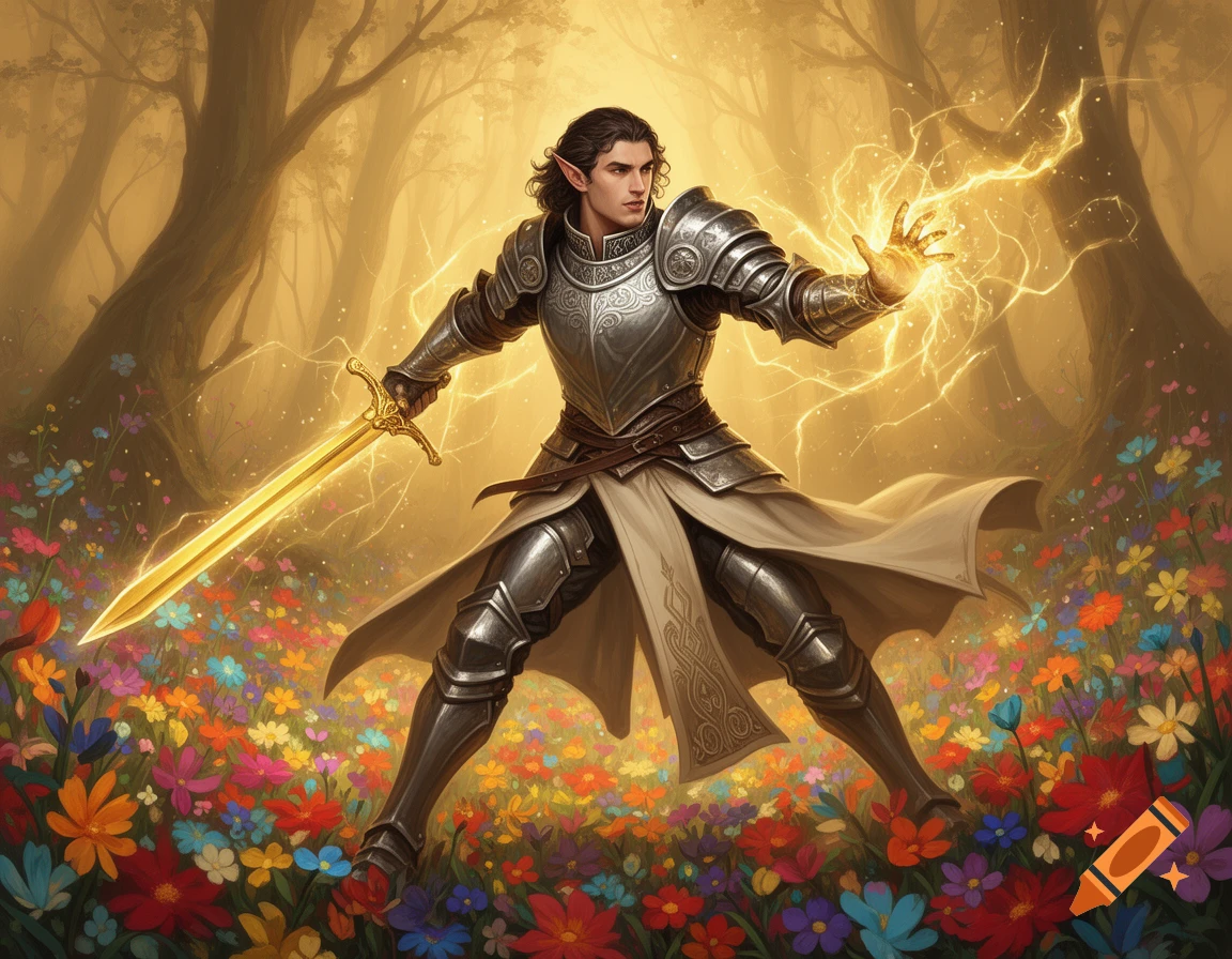 A male high elf cleric in ornate silver armor stands in a vibrant field of wildflowers, holding a glowing gold sabre and casting a spell in a sunlit forest.