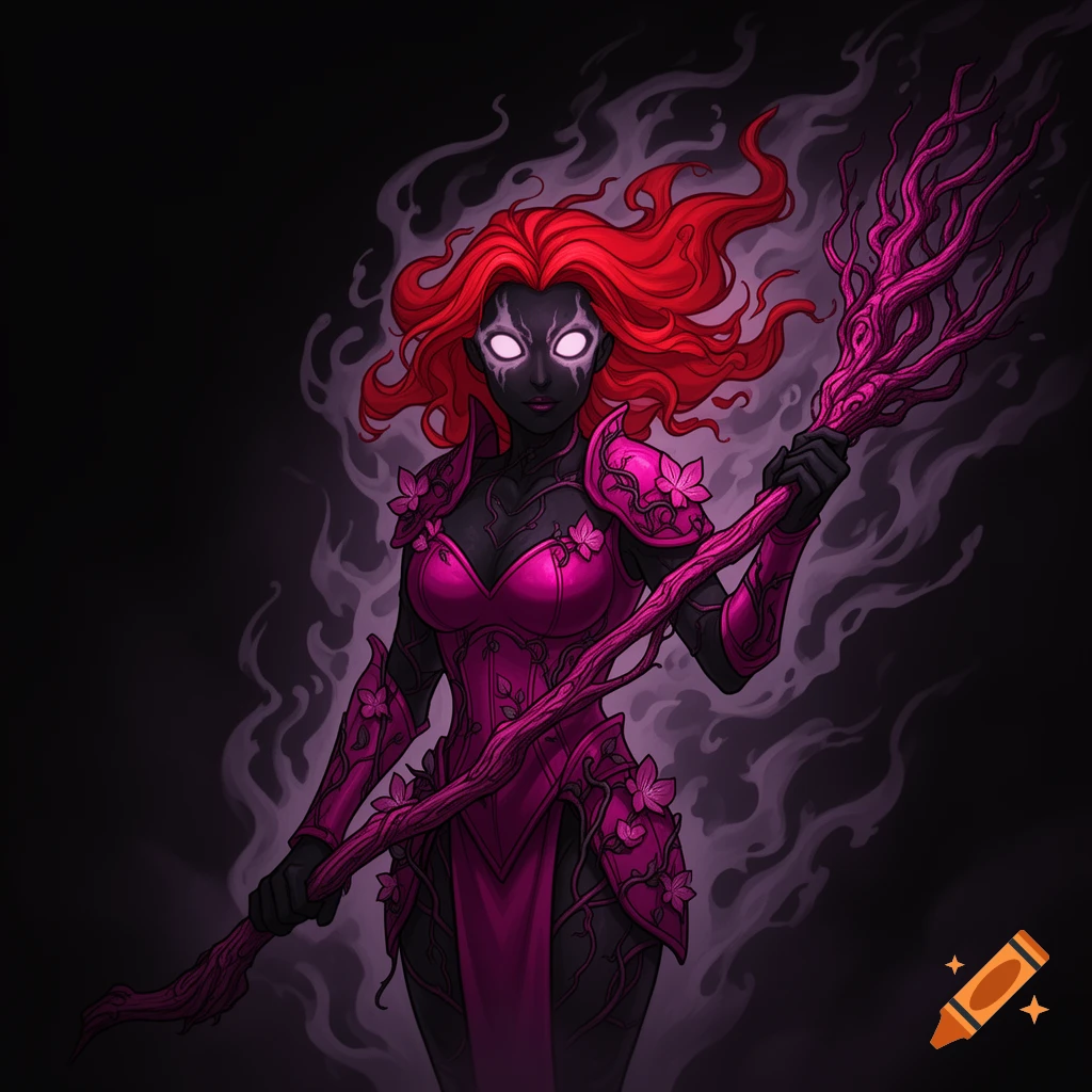 A stylized fantasy illustration of a female Shade with red hair, glowing eyes, magenta armor, and a gnarled staff.