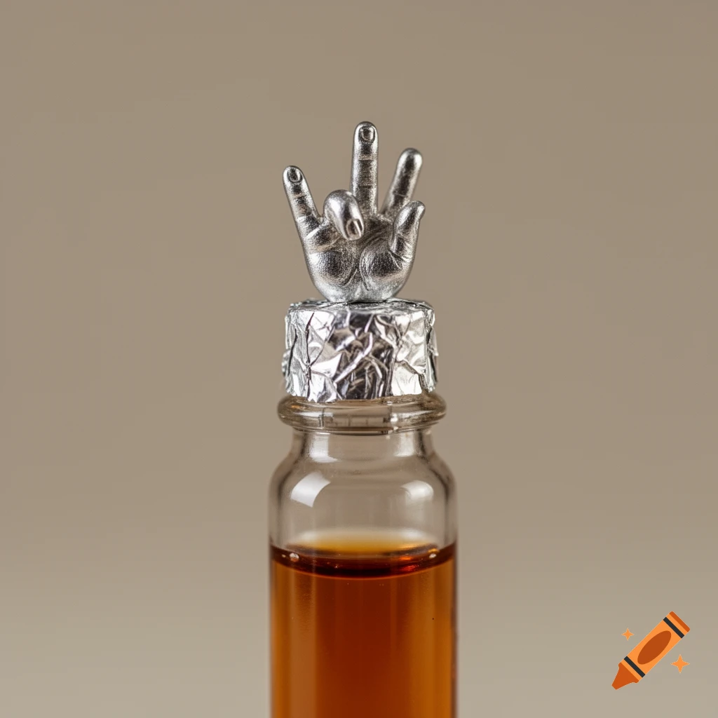 A silver hand sculpture making a three-finger gesture sits atop a crumpled aluminum foil stopper on a glass vial filled with amber liquid.