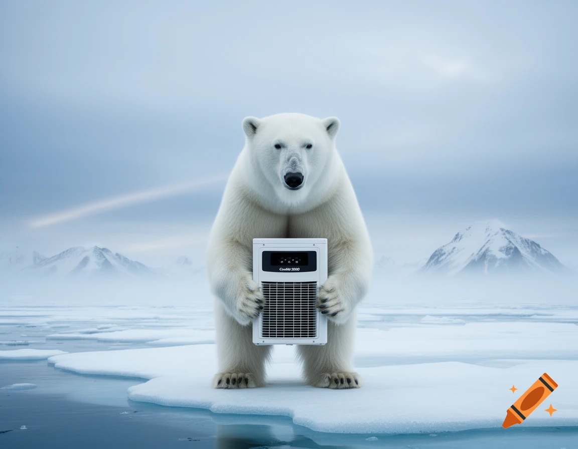 A photorealistic polar bear stands on an ice floe holding a white air conditioner unit in an arctic landscape.