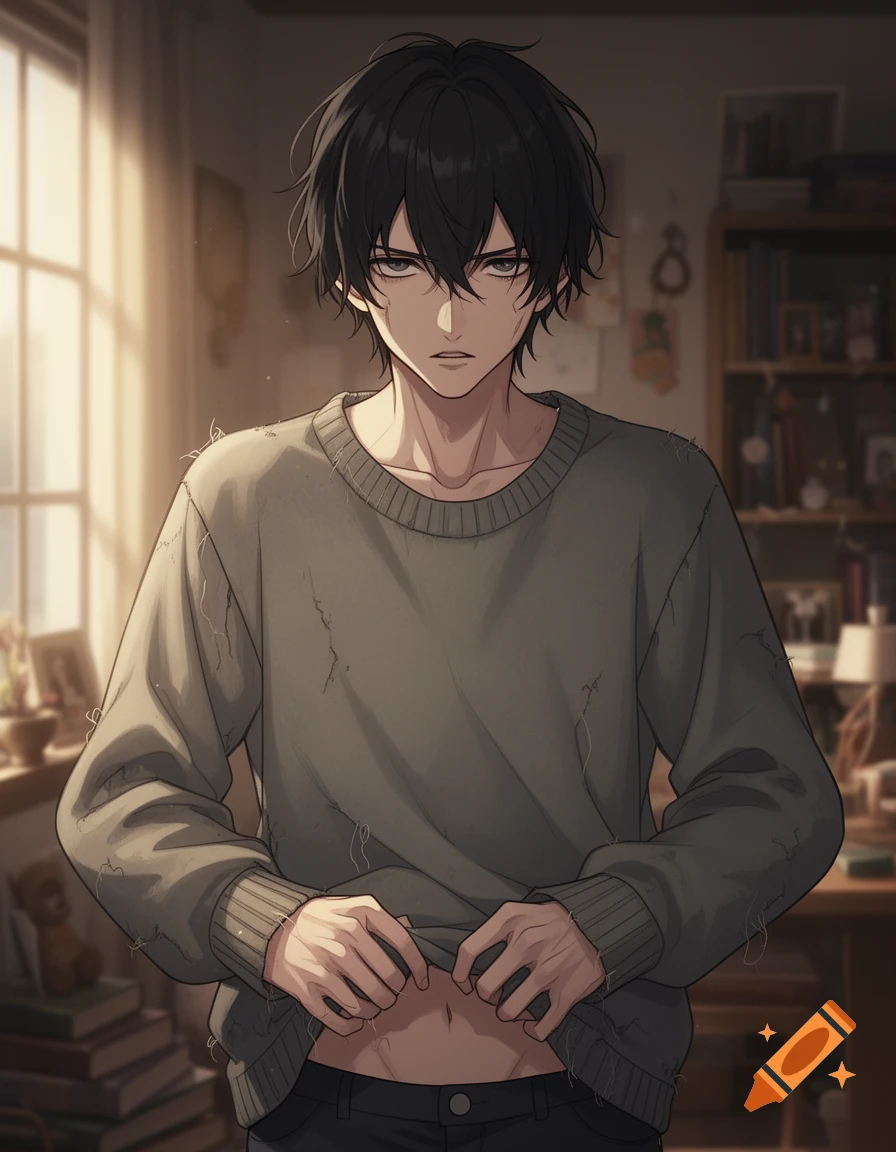 Anime portrait of a young man with dark messy hair pulling up his worn grey sweater to reveal his midriff.