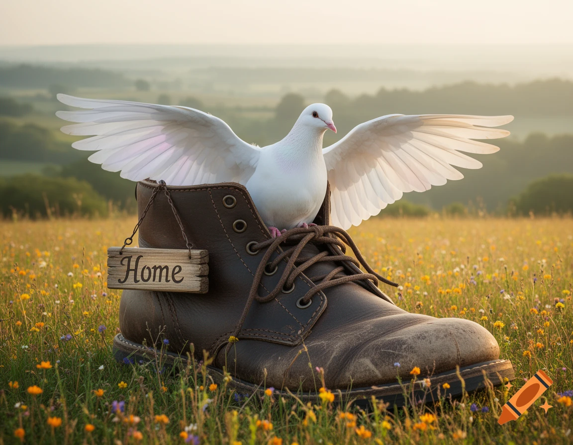 A white dove with outstretched wings sits inside a large brown boot with a "Home" sign, in a sunny, flower-filled field.