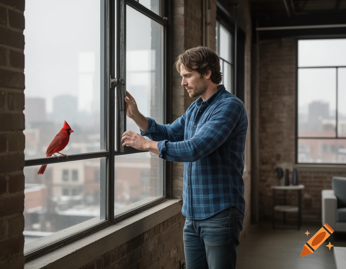 A man in a blue plaid shirt closing a warehouse-style apartment window, a red cardinal bird perches on the outside window sill.