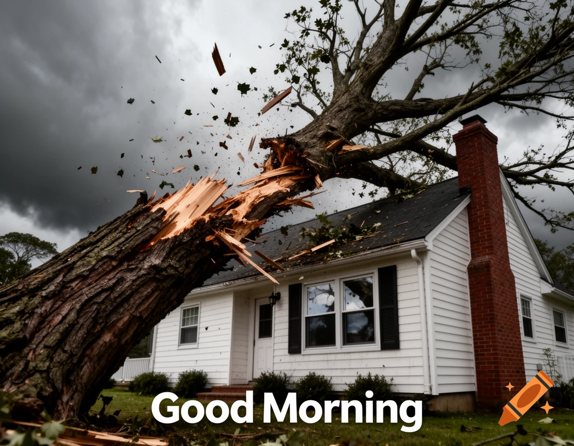 A large, broken tree has fallen onto a white house under a dark, cloudy sky, with the text 'Good Morning' at the bottom.