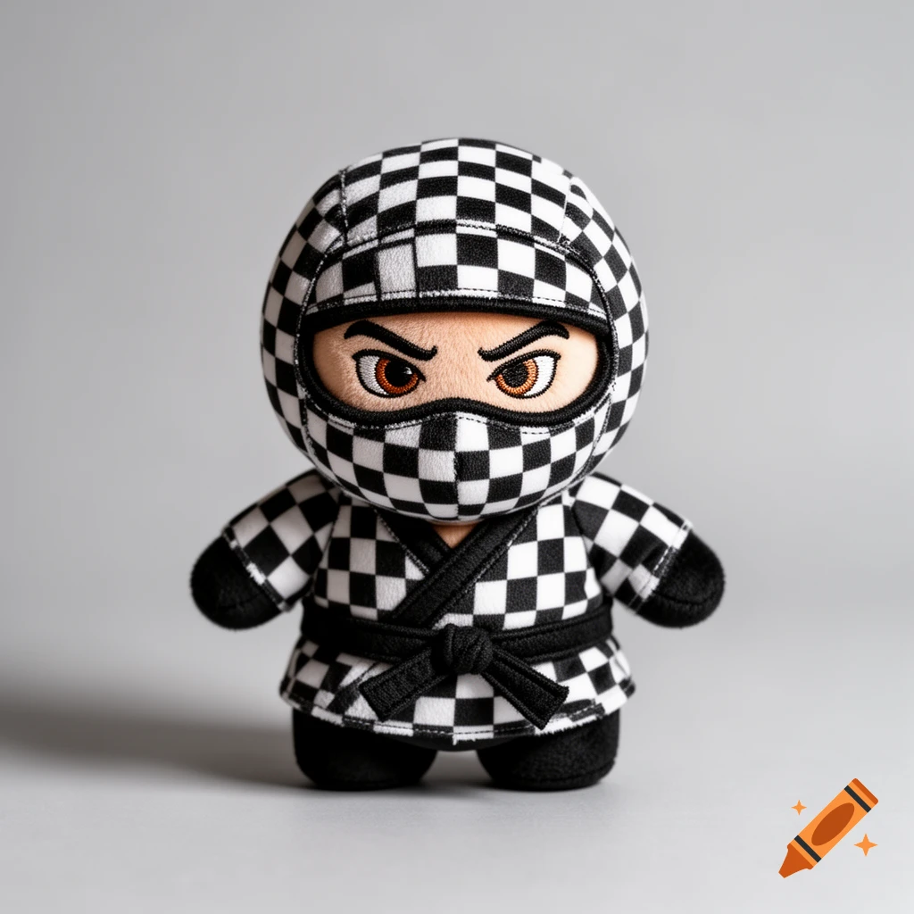 A photorealistic image of a ninja plush toy with a black and white checkered pattern and embroidered angry eyes.