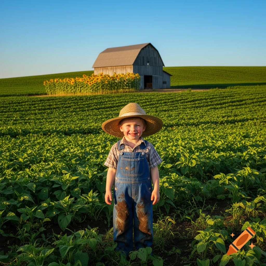 A smiling child farmer in overalls and a straw hat stands in a green field with sunflowers and a barn in the background.