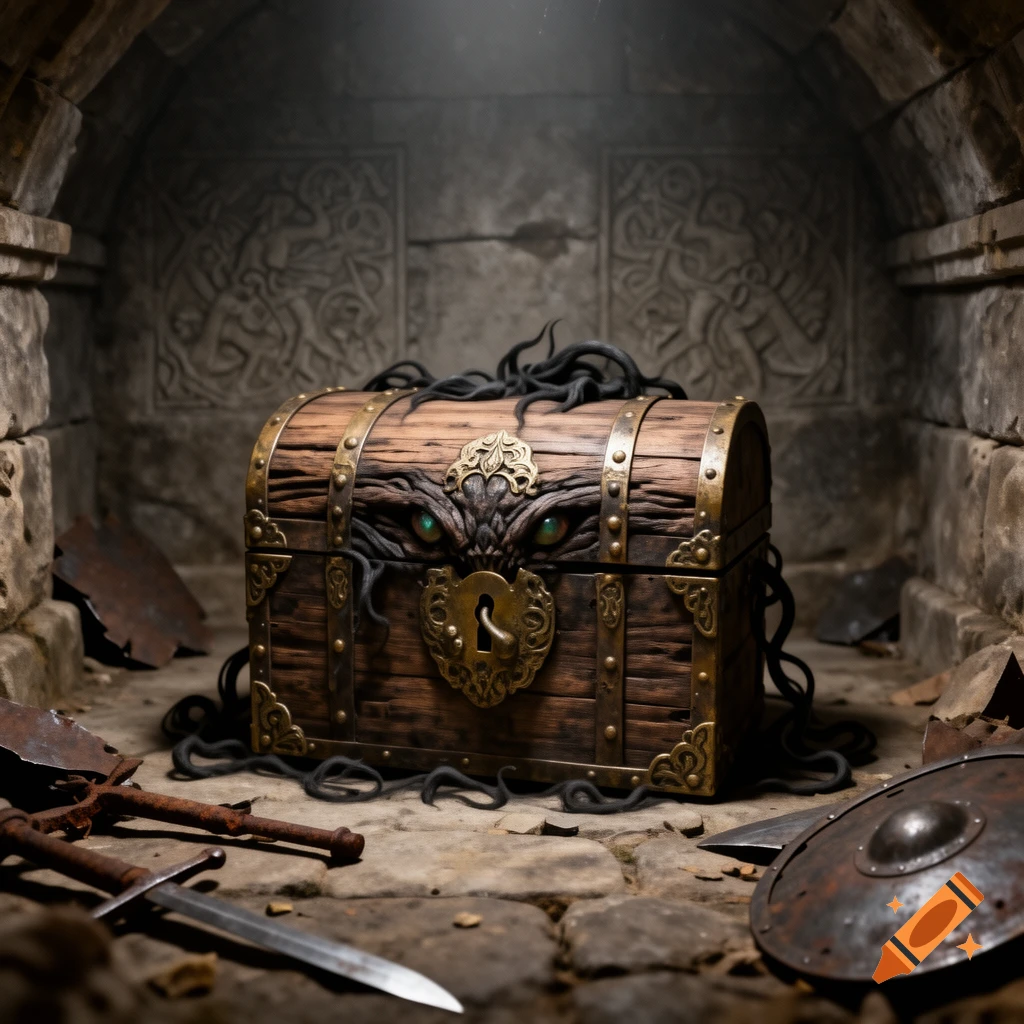 A menacing wooden mimic chest with glowing green eyes and tendrils in a dark dungeon, surrounded by rusty medieval weapons.