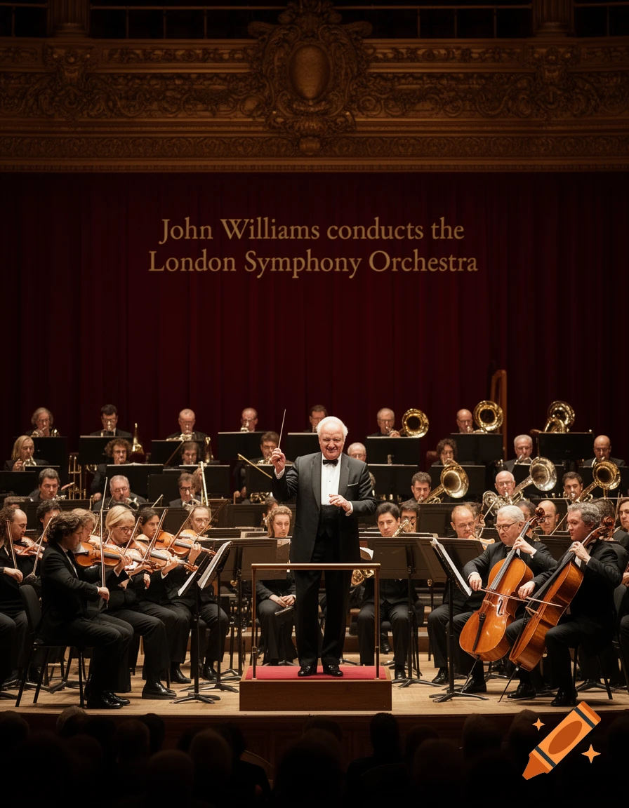 John Williams conducts the London Symphony Orchestra on stage, with musicians and instruments in a grand concert hall.